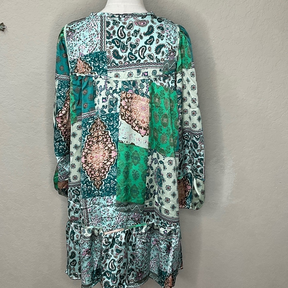 166 - Umgee NWT Green Patchwork Long Sleeve Dress, Size Small - Large - Picture 4 of 6